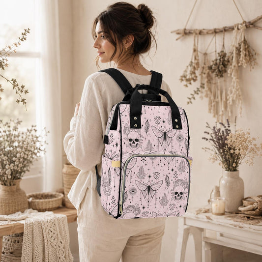 Goth Diaper Bag Backpack, Moth Skull Baby Travel Bag for Witchy Moms