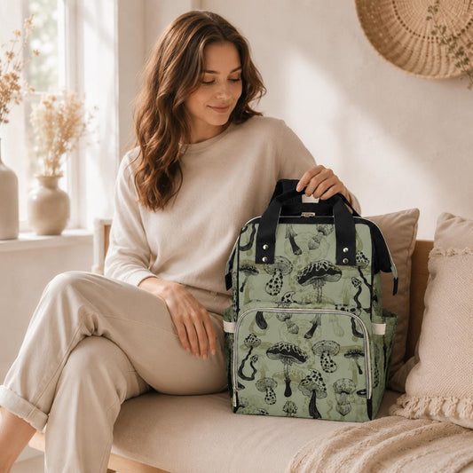 Mushroom Diaper Backpack, Woodland Baby Travel Bag, Sage Green Mom Bag