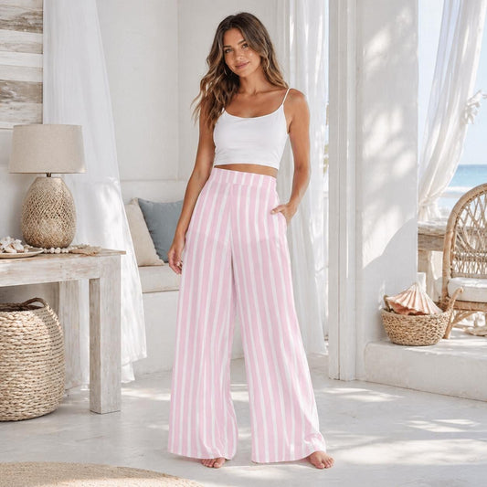 Pink Striped Wide Leg Pants, Coastal Summer Trousers, Breezy Vacation Resort Wear