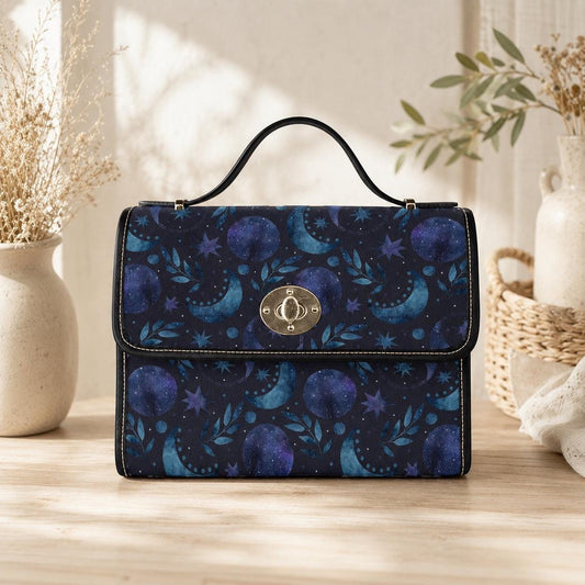 Blue Celestial Top Handle Bag, Moon Stars Purse, Night Sky Handbag