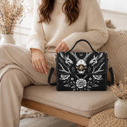Gothic Deer Skull Satchel, Dark Floral Antler Handbag, Witchcore Evening Bag