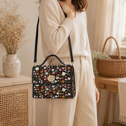 Floral Top Handle Satchel, Retro Wildflower Canvas Crossbody Bag