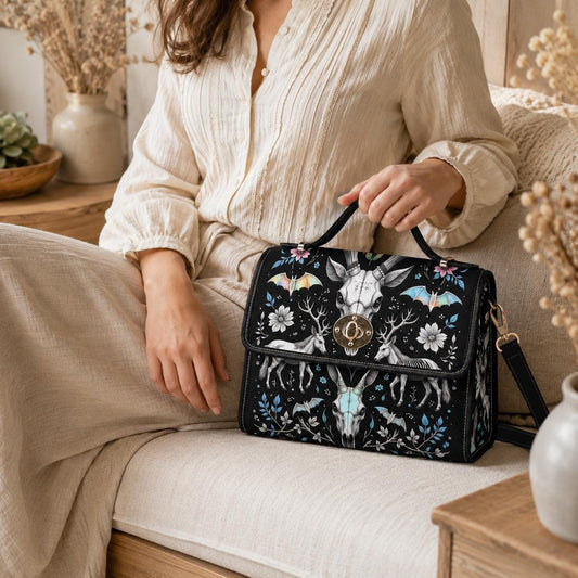 Witchy Crossbody Bag, Deer Skull Purse, Dark Floral Satchel for Cottage Goth Style