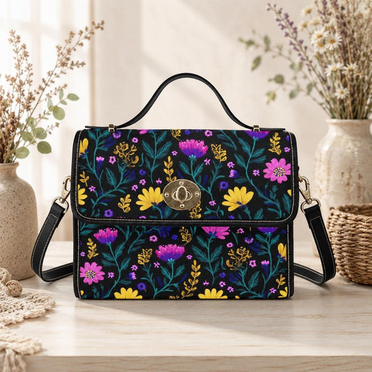 Dark Floral Crossbody Bag, Boho Wildflower Vegan Leather Strap Tote
