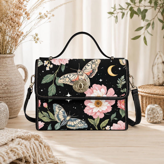 Moth Floral Satchel Bag, Celestial Crossbody Purse, Moonlit Butterfly Handbag for Her