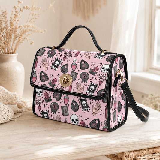 Pink witch purse, spooky pastel handbag, structured kawaii satchel, pink occult crossbody bag, witchcore goth girl purse, cute aesthetic bag