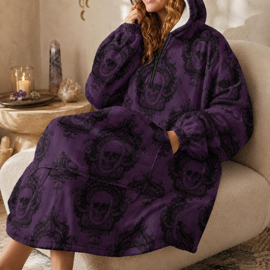 Purple Gothic Damask Hooded Blanket, Oversized Fleece Hoodie with Cat Ears, Spooky Lounge Wear