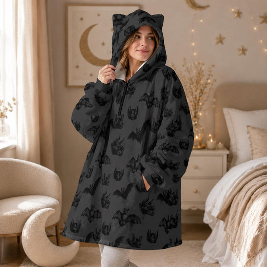 Bat hooded blanket, cat ear wearable hoodie, spooky lounge hoodie, charcoal Halloween snuggle gift