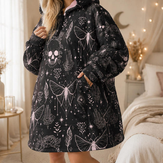 Hooded Blanket with Gothic Moth Skull Print, Oversized Wearable Blanket, Dark Cozy Gift