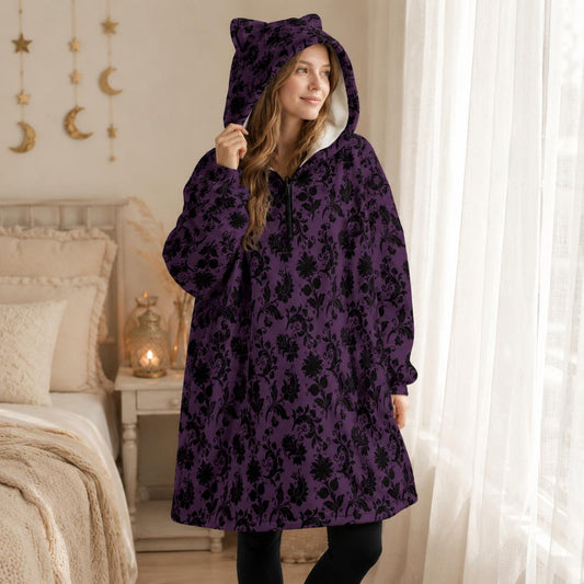 Purple Damask Hooded Blanket, Gothic Sherpa Lounge Hoodie, Cat Ear Cozy Gift