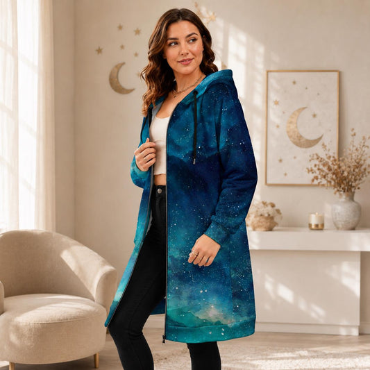 Blue galaxy hooded cardigan, long zip hoodie coat, watercolor star print outerwear