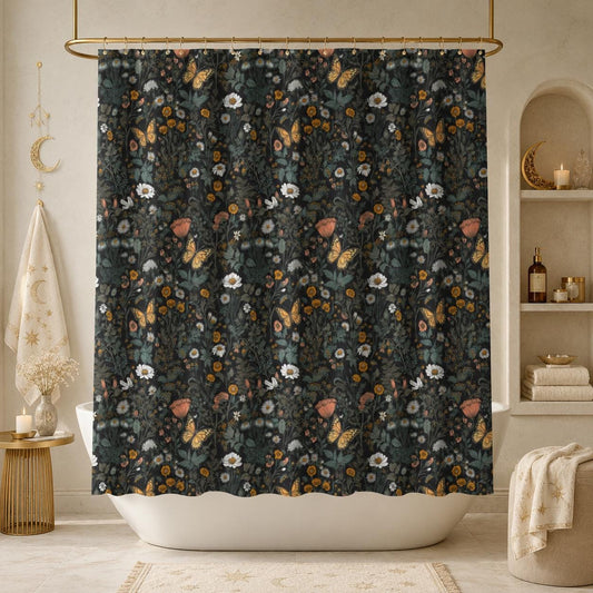 Dark Floral Butterfly Shower Curtain, Moody Botanical Wildflower Bath Decor