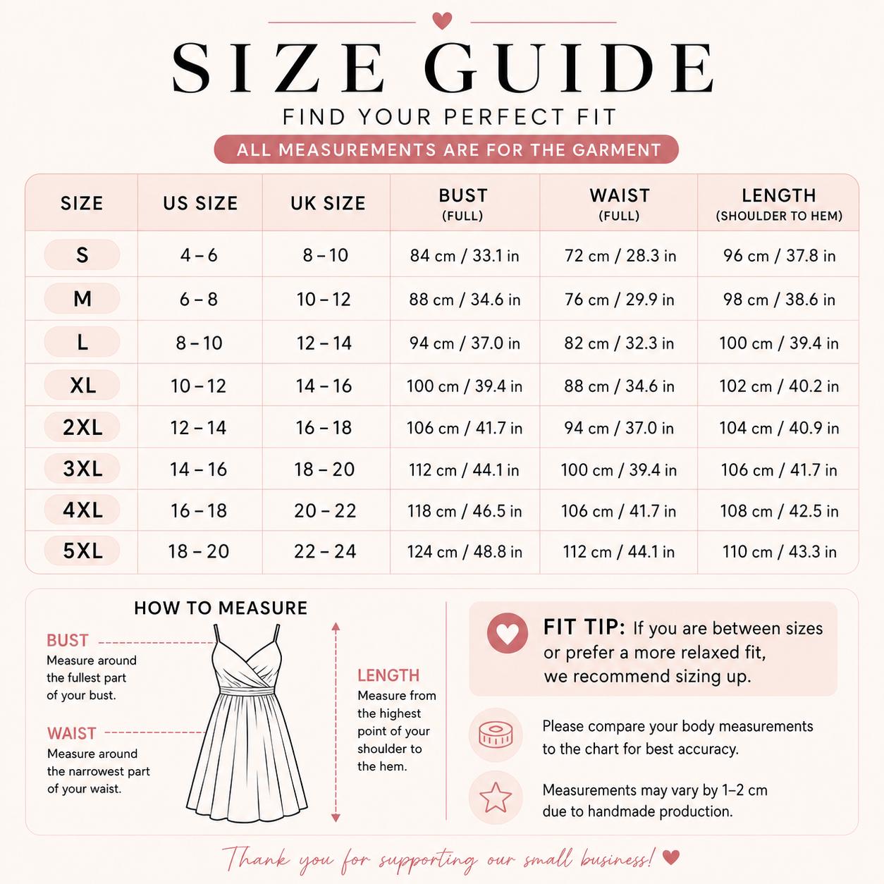 The image is a size guide for women, providing measurements and fit tips for different bust, waist, and length sizes.