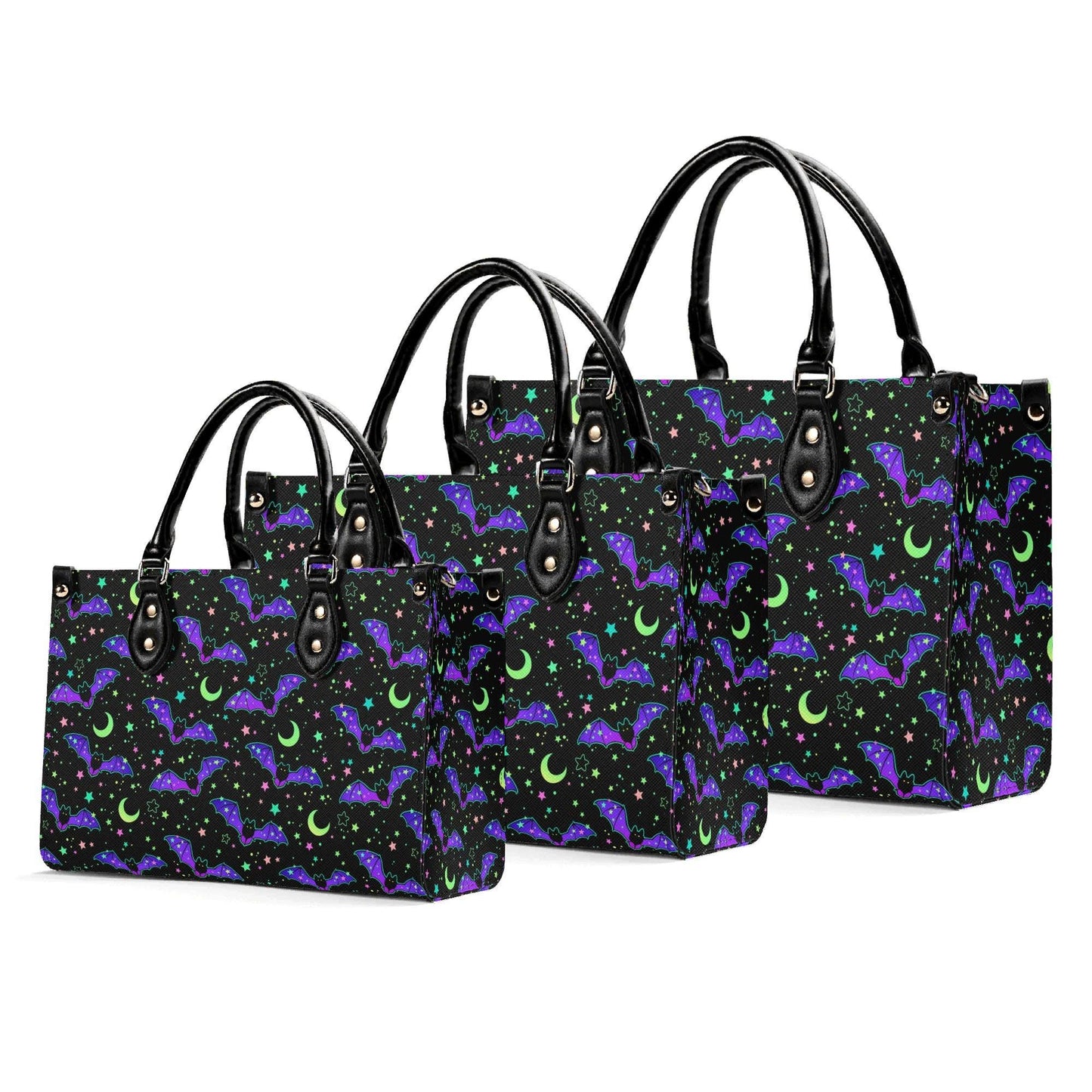 Bat Satchel Handbag for Women, Spooky Cute Purse with Purple Bats, Moon and Stars Shoulder Bag, Goth Halloween Top Handle Bag