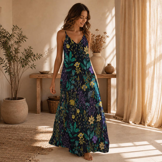 Dark Botanical Maxi Dress, Enchanted Garden Floral Cottagecore Sundress