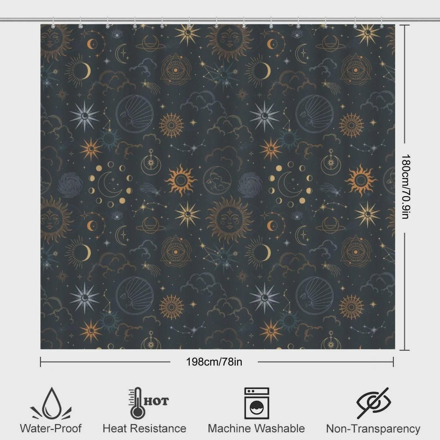 Celestial Bathroom Rug Set, Sun Moon Stars Contour Toilet Lid Cover, Mystic Astrology Mat