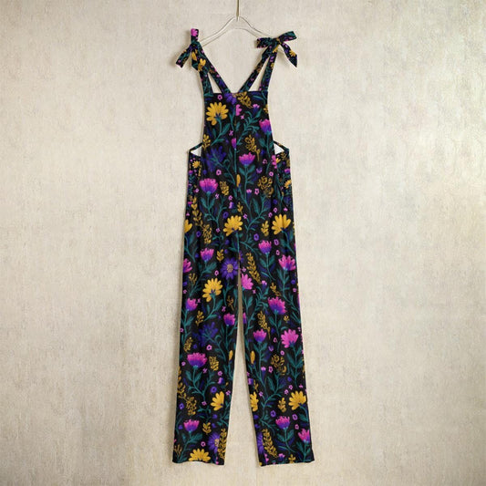 Colorful floral overalls, botanical wide-leg dungarees, festival and art event outfit, nature-inspired fashion