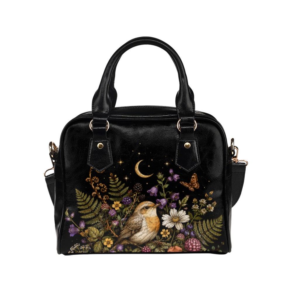 Bird Floral Handbag, Robin Moon Stars Dark Cottagecore Shoulder Bag