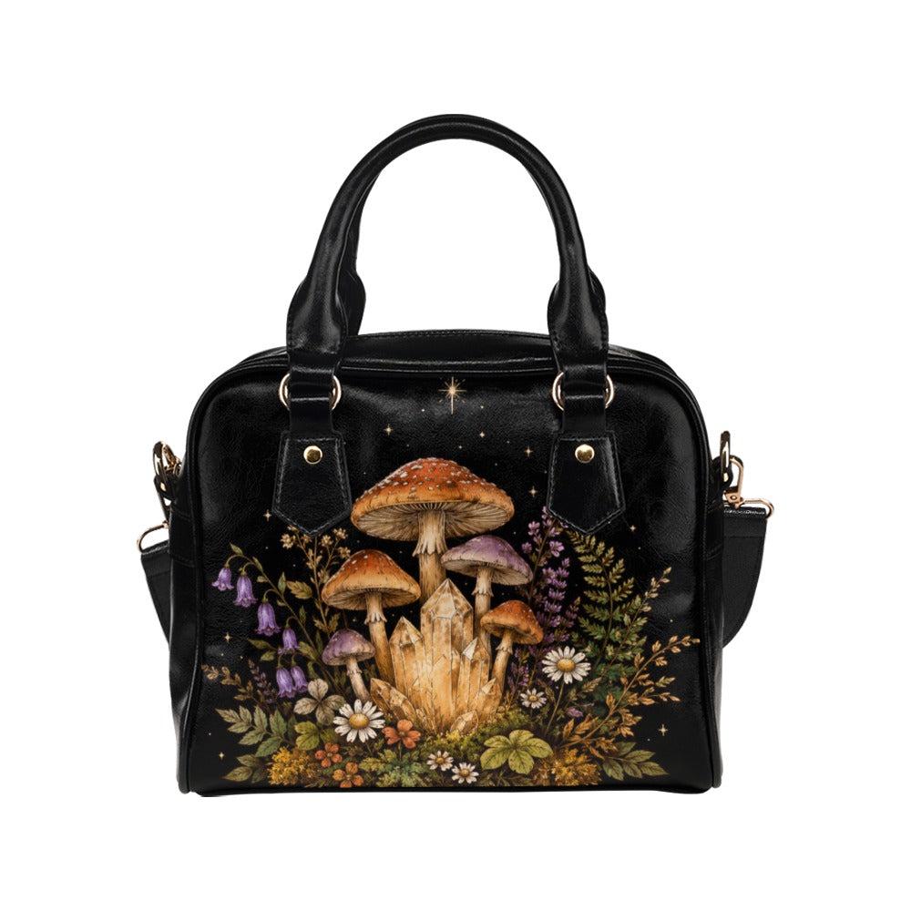 Fairycore Mushroom Crystal Handbag, Woodland Wildflower Faux Leather Shoulder Bag