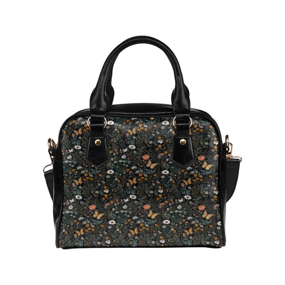 Dark Floral Butterfly Daisy Satchel Purse, Moody Cottagecore Crossbody Handbag