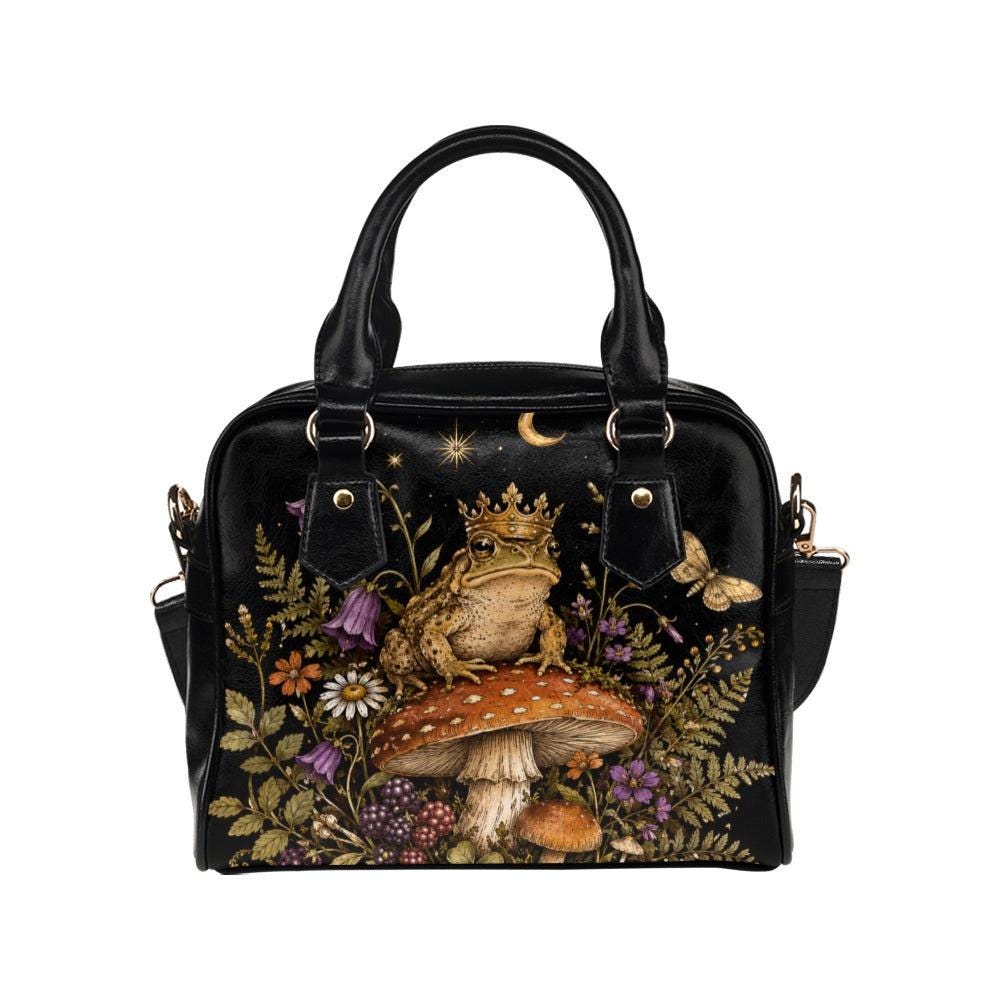 Fairycore Black Satchel Handbag, Crowned Frog Mushroom Forest Print, Witchy Woodland Crossbody Bag