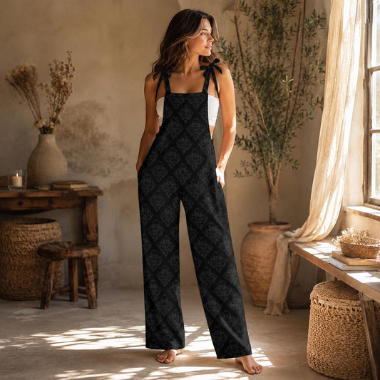 Gothic Wide Leg Jumpsuit, Black Damask Tie Strap Overalls, Dark Academia Outfit