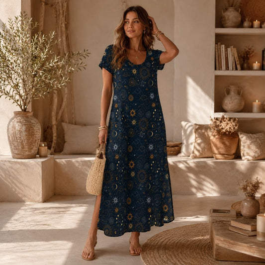 Celestial Sun Moon Maxi Dress, Navy Boho Lounge Outfit, Astrology Star Print