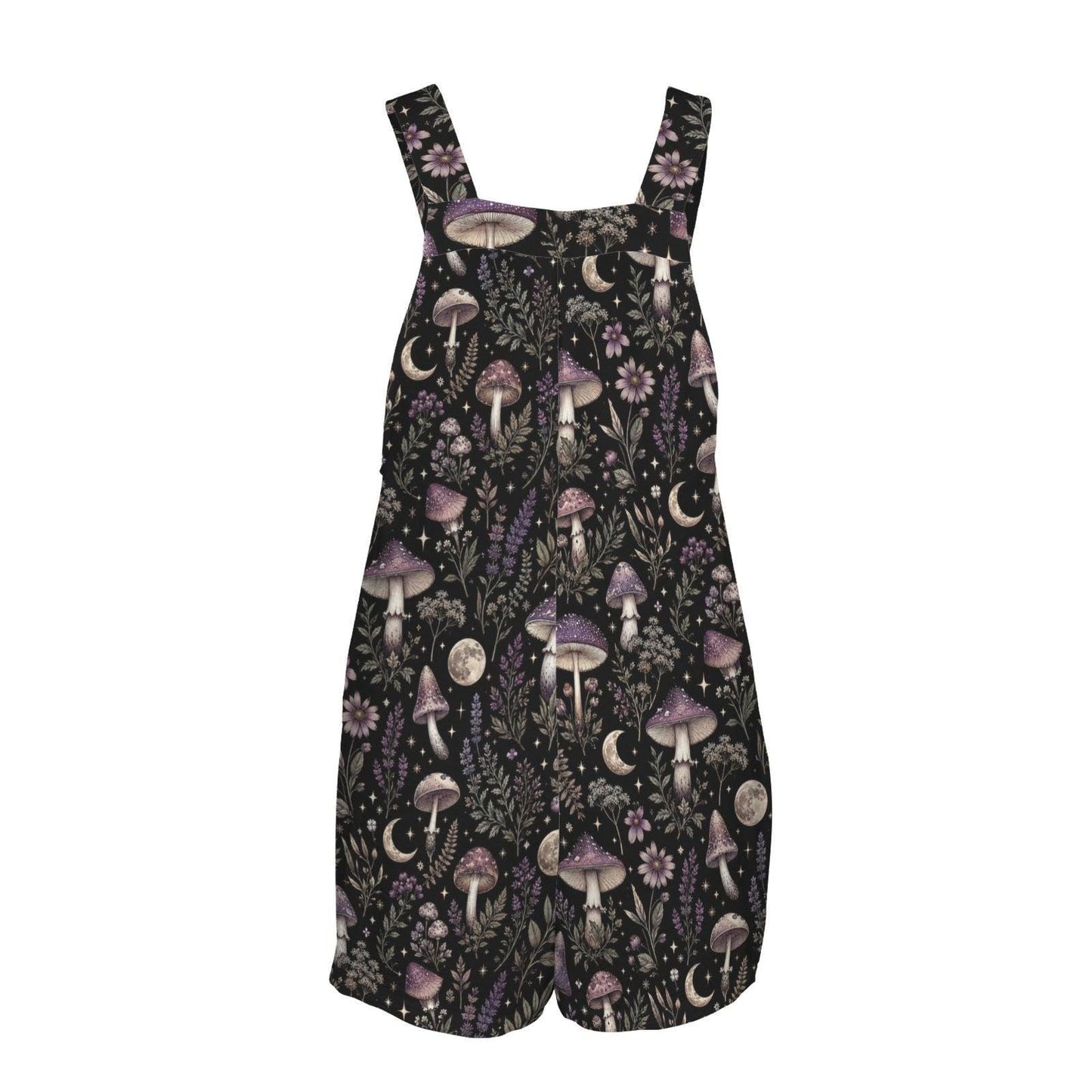 Black Mushroom and Moon Print Overall Romper with Front Pockets
