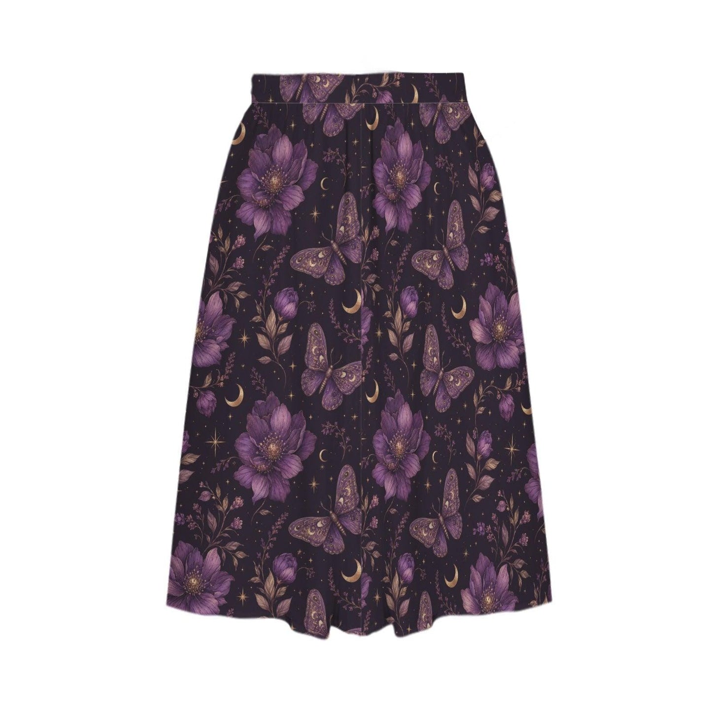 Celestial Butterfly Midi Skirt, Purple Moon Floral Print, Witchy Pockets Flowy Skirt