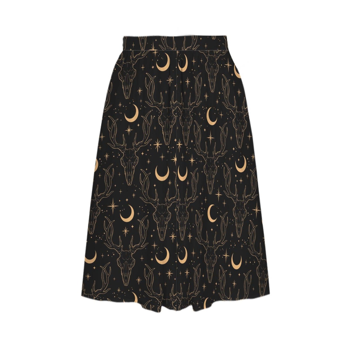 Black Celestial Maxi Skirt, Gold Moon Stars Print, High Waist Flowy Pockets