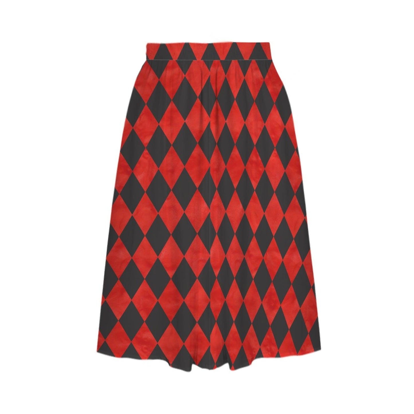 Harlequin Midi Skirt, Red Black Diamond Print, High Waist A Line, Pockets, Circus Style