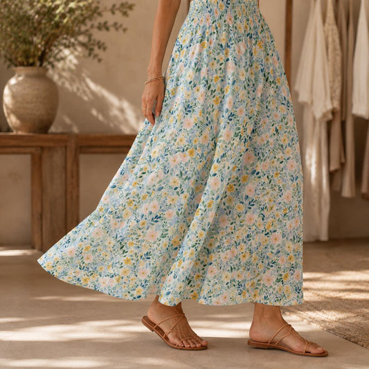 Blue Wildflower Maxi Skirt, Cottagecore Summer Skirt With High Waist, Flowy Floral A Line Skirt for Picnic and Vacation Outfits