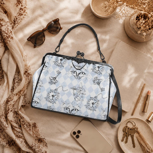 Kiss Lock Cat Handbag, Whimsical Mushroom Purse, Vintage Storybook Satchel