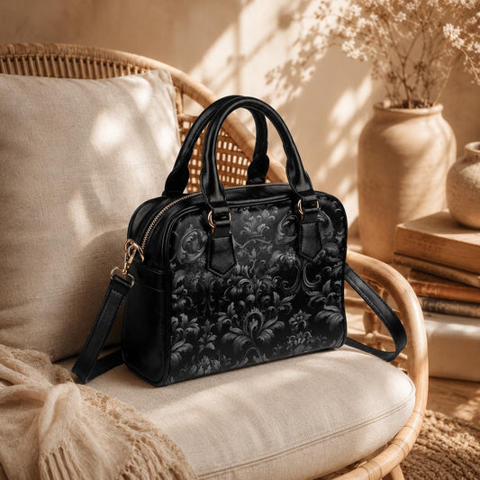Baroque Black Satchel Bag, Victorian Gothic Faux Leather Handbag, Dark Gothic Purse