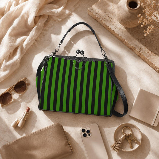 Green Stripe Kisslock Bag, Gothic Witchy Purse, Vintage Alt Fashion Handbag