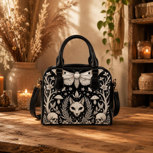 Moth Gothic Handbag, Monochrome Woodland Satchel, Skull Floral Purse, Dark Nature Bag