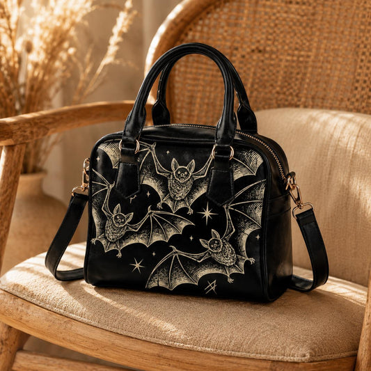 Celestial Bat Satchel, Witchy Moon Faux Leather Handbag, Nocturnal Crossbody Bag