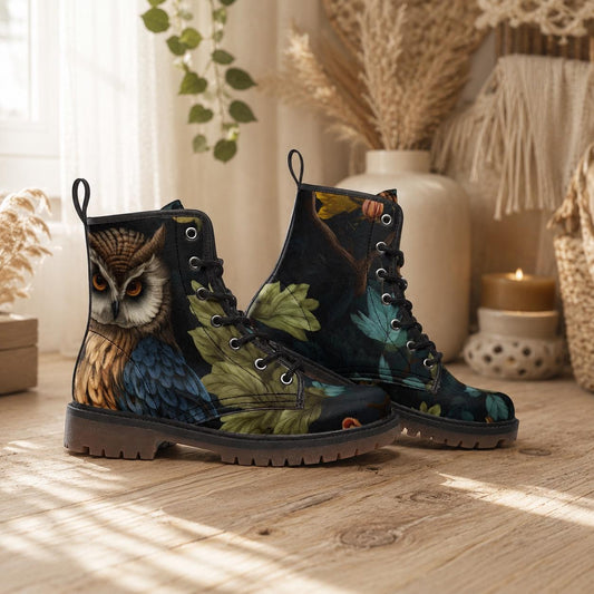 Enchanted owl combat boots, woodland night lace up shoes, mystical bird print footwear, dark forest ankle boots, cottagecore festival shoes