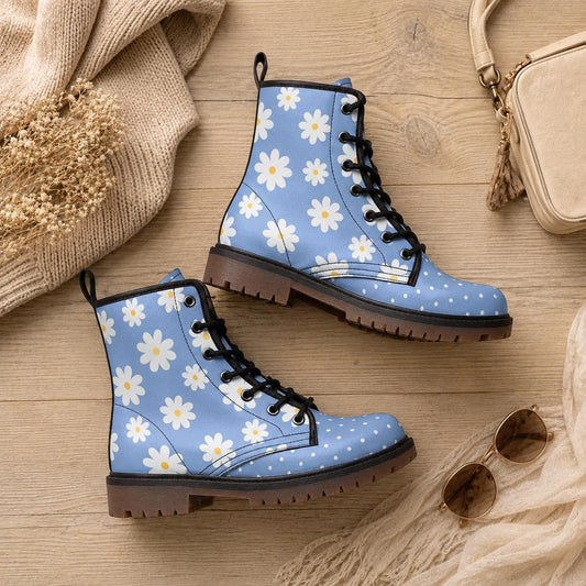 Blue Daisy Combat Boots, Cottagecore Floral Lace-Up Shoes, Festival Retro Vegan Leather