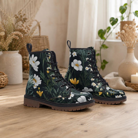 Botanical Daisy Lace Up Boots, Cottagecore Combat Boots, Meadow Flower Shoes