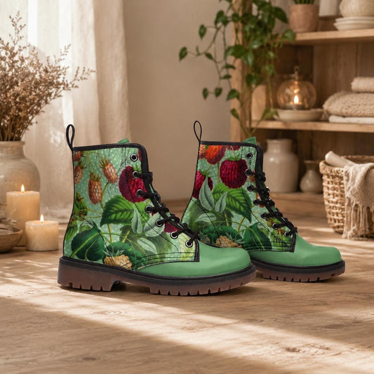 Cottagecore Combat Boots, Botanical Lace Up Boots for Women, Berry Print Ankle Boots