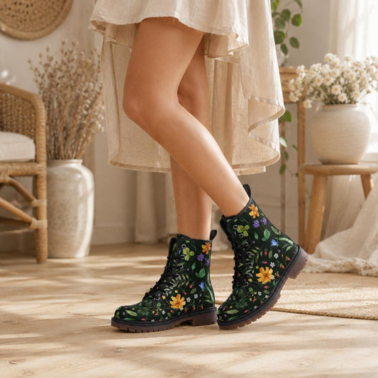 Floral Combat Boots, Green Lace Up Boots, Wildflower Ankle Boots, Chunky Sole Booties