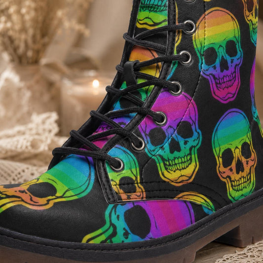 Rainbow Skull Combat Boots, Neon Punk Festival Shoes, Alternative Streetwear Footwear