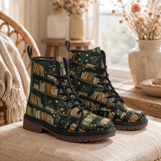 Dark Academia Boots Bookshelf Floral Print Book Lover Lace Up Shoes
