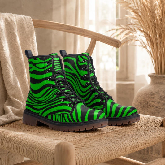 Neon Green Zebra Vegan Leather Boots – Edgy Festival Fashion