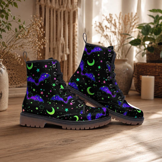 Bat Combat Boots, Moon Star Goth Ankle Boots, Witchy Alternative Footwear