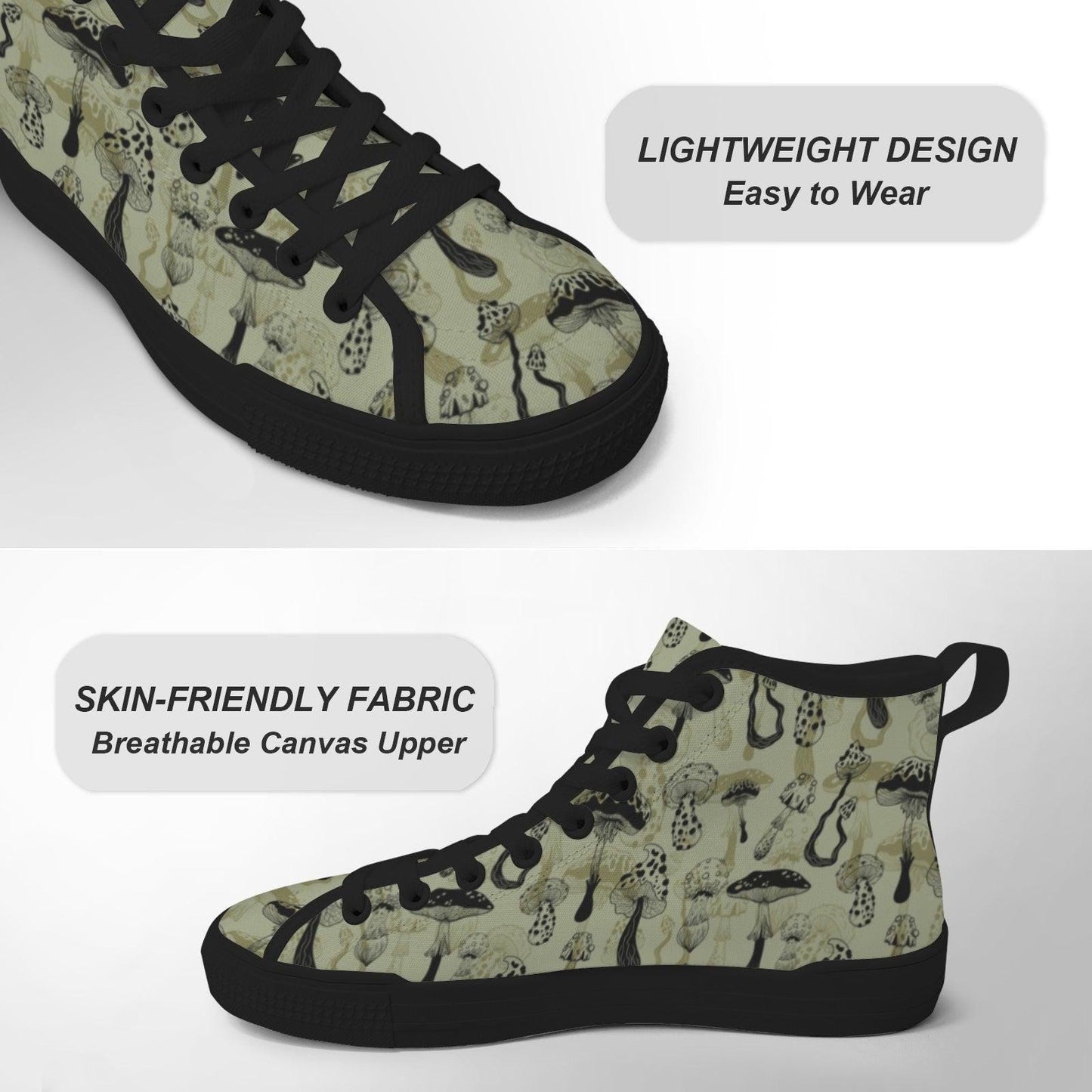 Mushroom Morel Snake Print High Top Sneakers, Sage Green Cottagecore Canvas Shoes