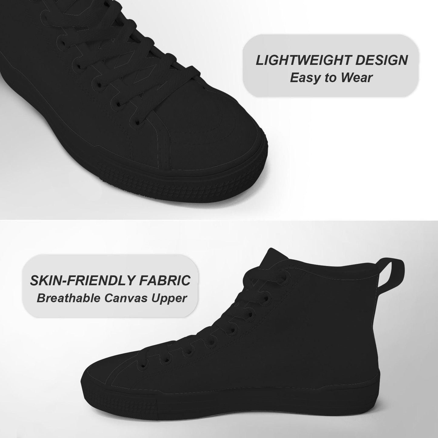 All Black Canvas High Top Sneakers, Minimalist Lace Up Trainers, Everyday Goth Shoes
