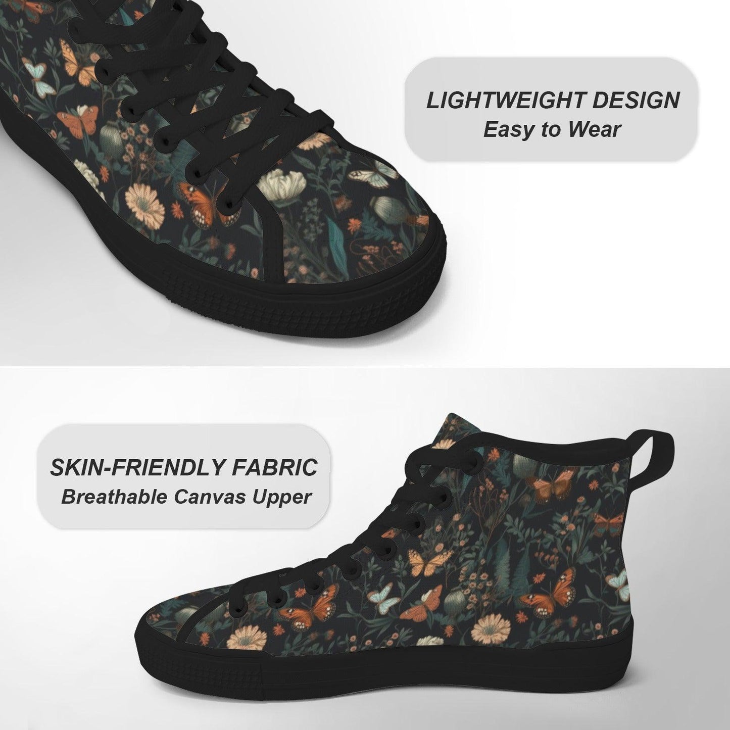 Black Meadow Butterfly High Tops, Cottagecore Floral Lace Up Sneakers