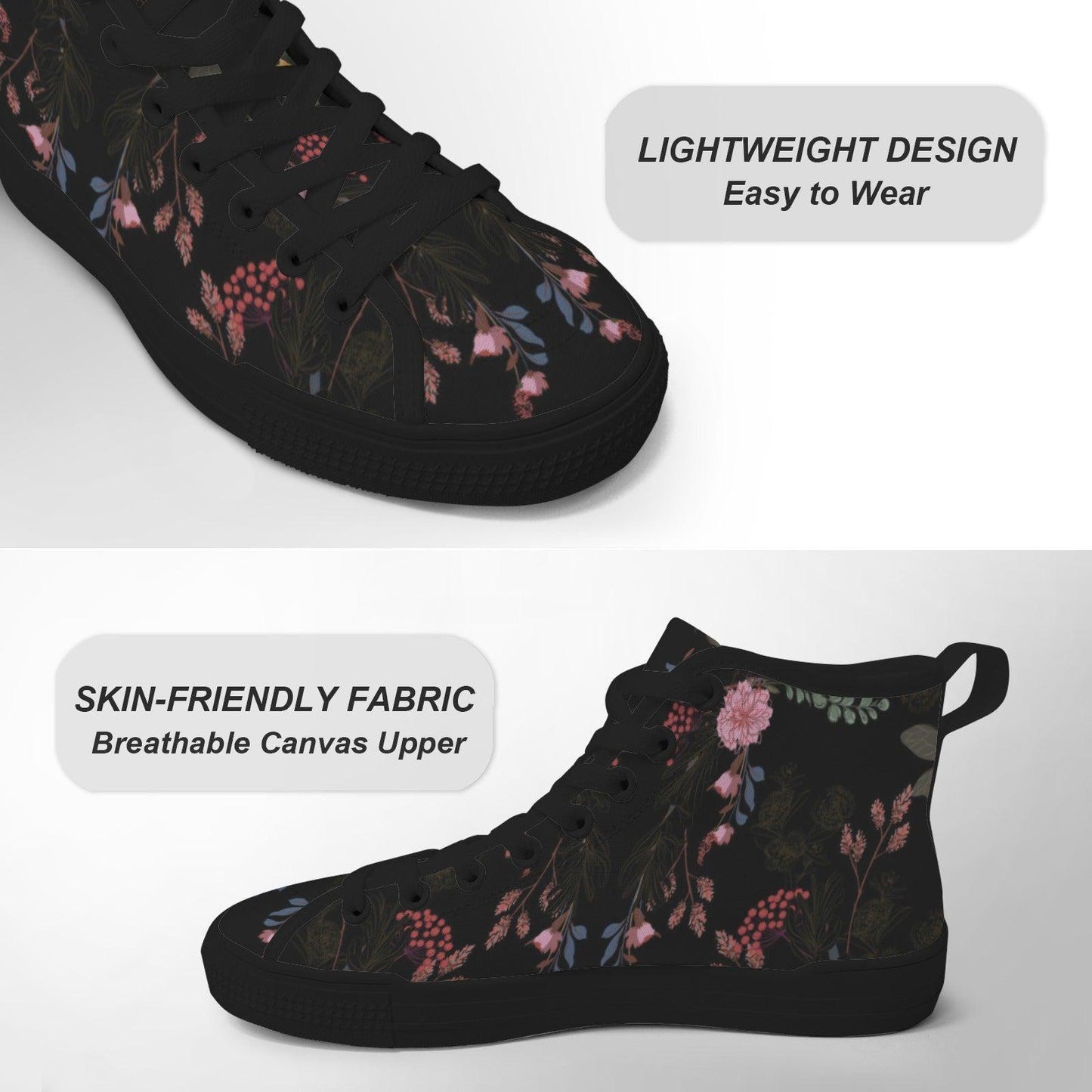 Black Floral High Tops, Dark Botanical Sneakers, Pink Flower Print, Cottagecore Lace Up Shoes